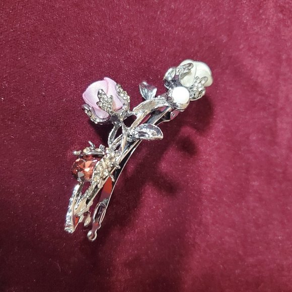 Mauve & Olive Silk Petite Roses Barrette with Pearl an Garnet Crystal - Picture 7 of 8